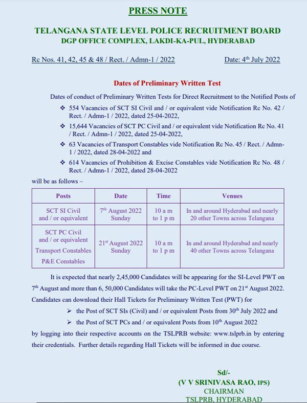 Telangana Police Recruitment Board releases exam schedule Telangana Police Recruitment Board releases exam schedule