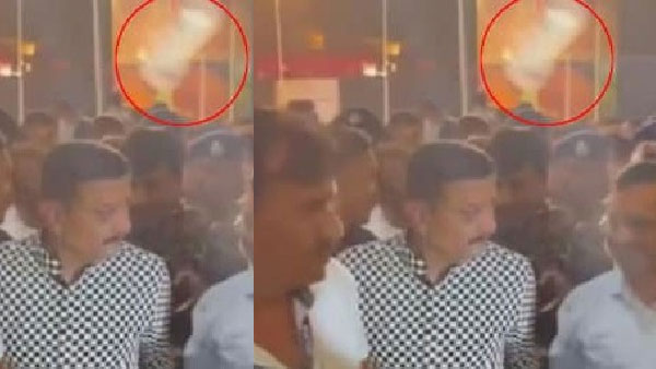 Plastic water bottle hurled at Arvind Kejriwal at Rajkot garba venue Plastic water bottle hurled at Arvind Kejriwal at Rajkot garba venue